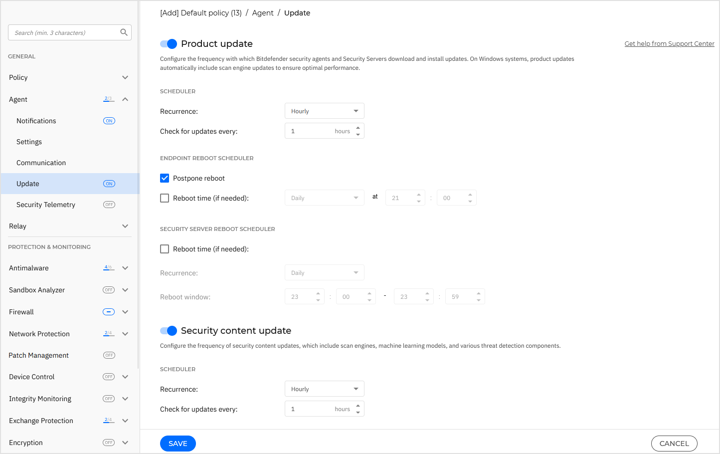 The Agent > Update page in the policy settings
